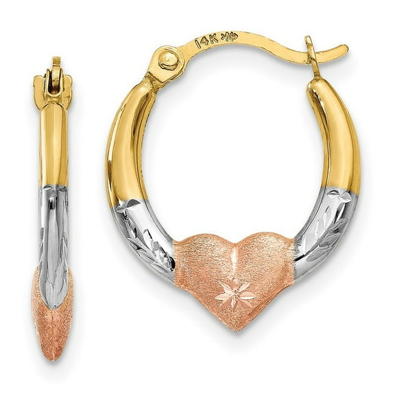 14k Yellow Gold Polished Hinged post and White And Rose Rhodium Love Heart Hoop Earrings Measures 16x14mm Wide 2mm Thick