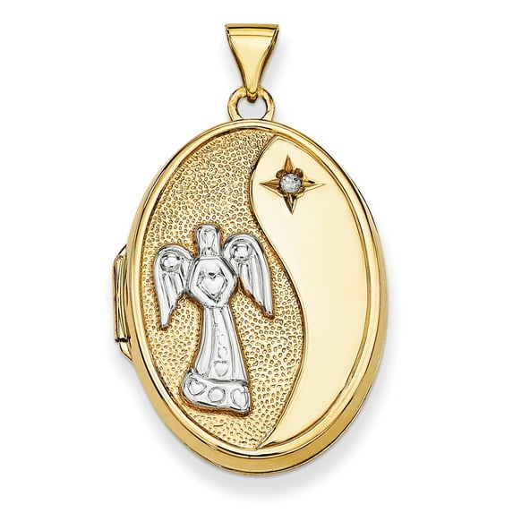 Lockets 14k with White Rhodium Diamond Guardian Angel with Poem on Reverse 26mm Oval Family Locket