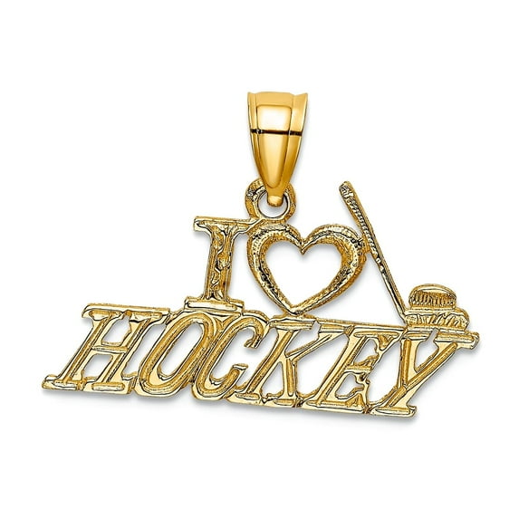 14k Yellow Gold Polished I Love Hockey Charm 11.6x21.6mm Wide 0.7mm Thick Pendant Necklace for Women