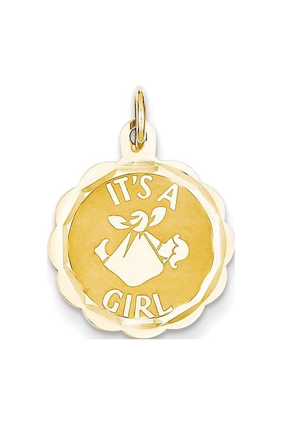 14k Yellow Gold Polished Its a Girl Scalloped Disc Charm