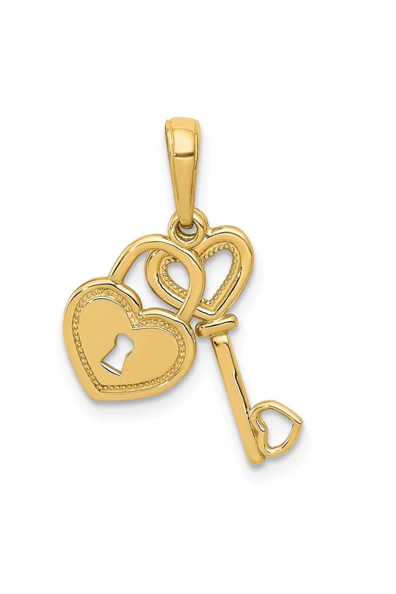 14k Yellow Gold Polished Key and Heart Shaped Lock Moveable Pendant