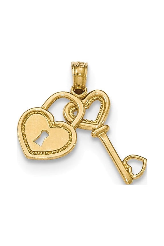 14k Yellow Gold Polished Key and Heart Shaped Lock Moveable Pendant - Measures 7mm Wide