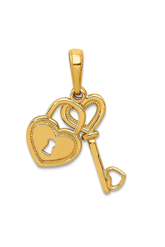 14k Yellow Gold Polished Key and Love Heart Shaped Lock Moveable Pendant Necklace 7mm Wide Pendant for Women