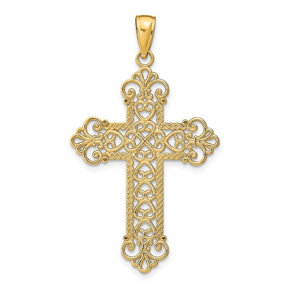 14k Yellow Gold Polished Large Rope Frame Filigree Cross Pendant Charm