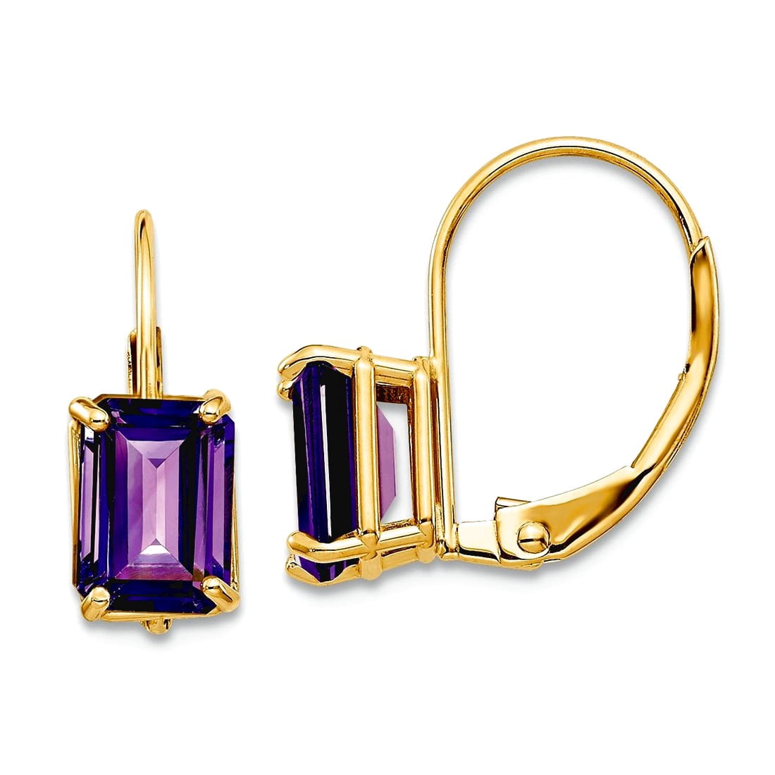 14k Yellow Gold Polished Leverback 7x5mm Emerald-Cut Amethyst Earrings 16x5mm Wide Stud Earring for Women