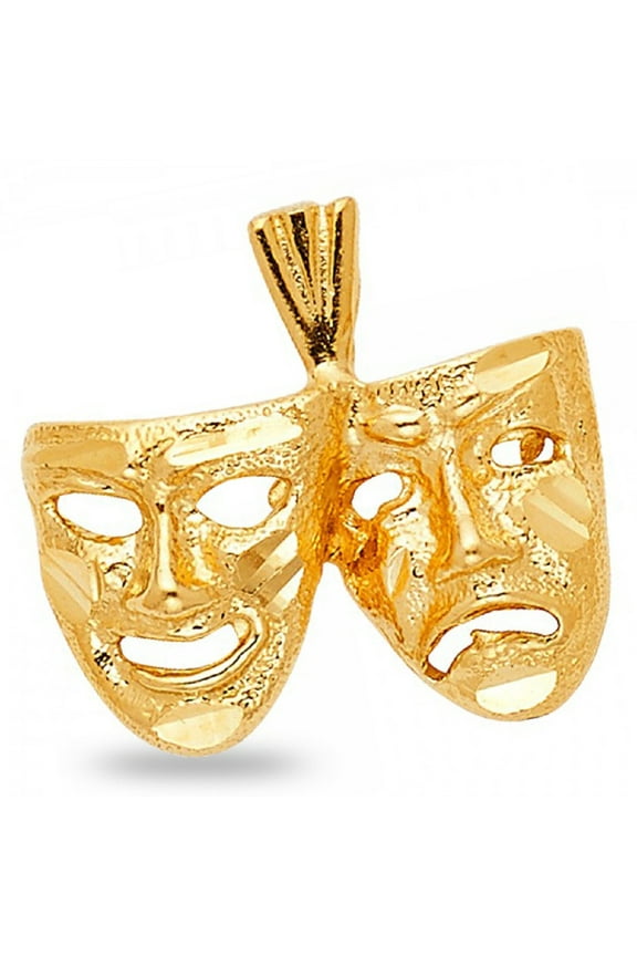 14k Yellow Gold Polished Masquerade Mask Pendant Two Faced Drama Charm Genuine New 12 mm x 18 mm