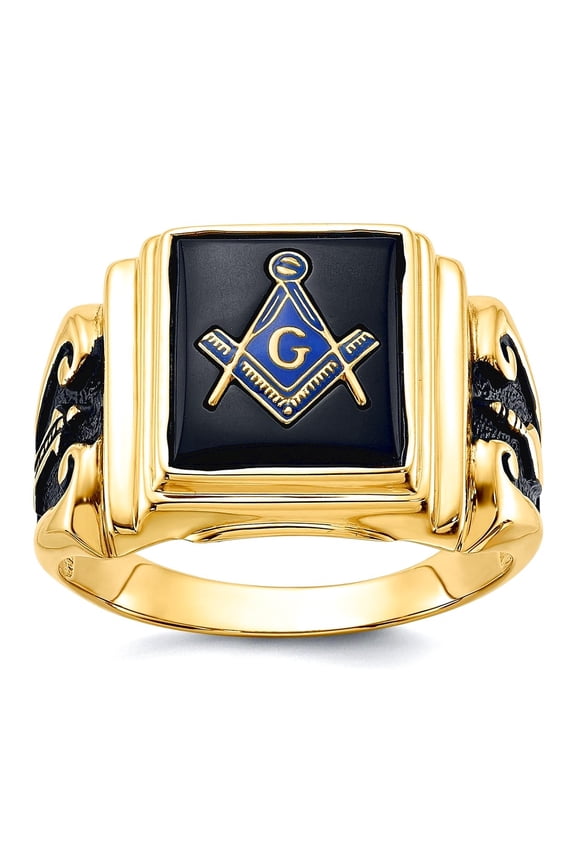 14k Yellow Gold Polished Oxidized Not engraveable Mens Masonic Ring Size 10 16mm Wide .9mm Thick Ring for Men