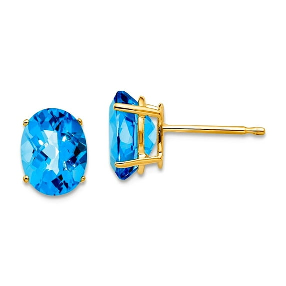 14k Yellow Gold Polished Post 8x6mm Oval Blue Topaz Checker Earrings 9x6mm Wide Stud Earring for Women
