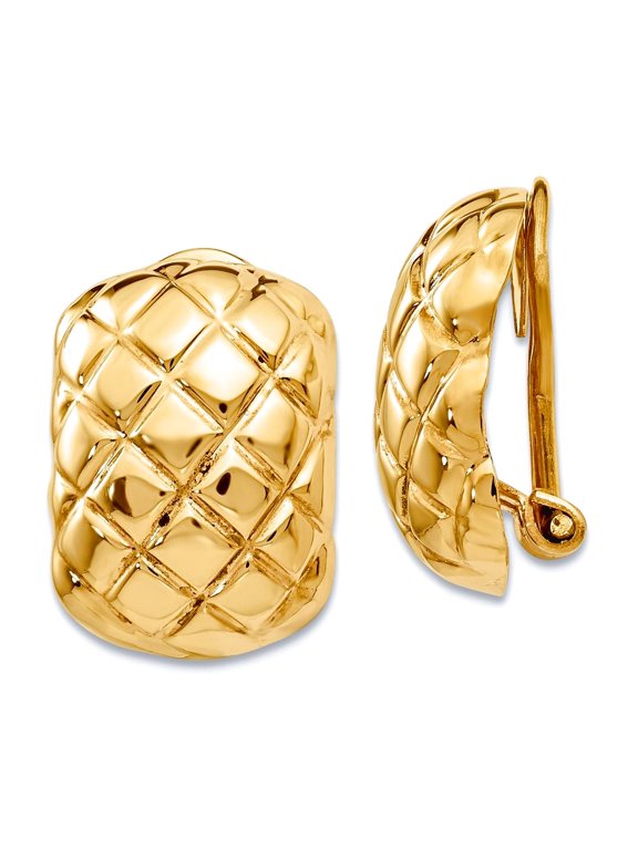 14k Yellow Gold Polished Quilted Non Pierced Omega Back Earrings 17x12mm Wide Stud Earring for Women