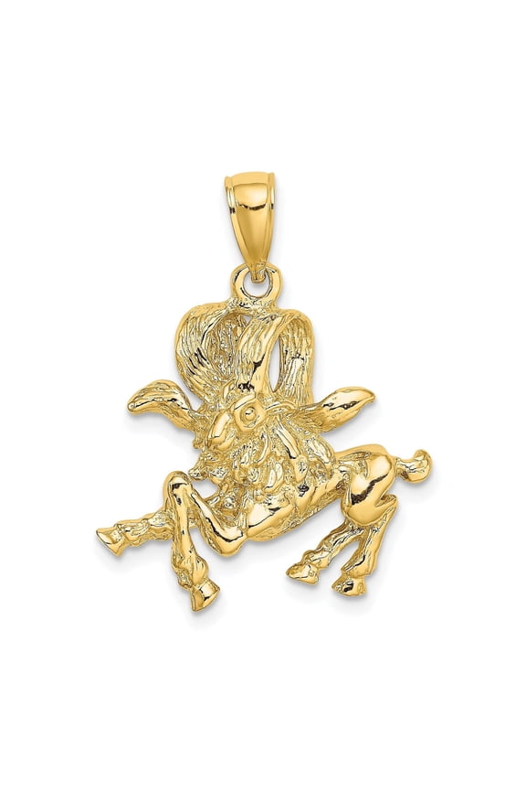 14k Yellow Gold Polished Texture Finish Large Size3-D Aries Zodiac Charm Pendant