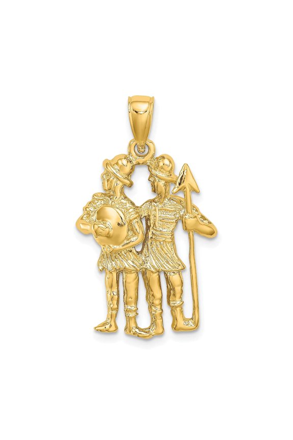 14k Yellow Gold Polished Texture Finish Large Size3-D Gemini Zodiac Charm Pendant