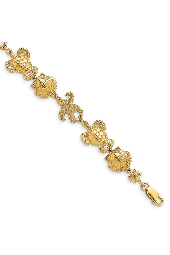 14k Yellow Gold Polished Turtle, Shell & Starfish Bracelet