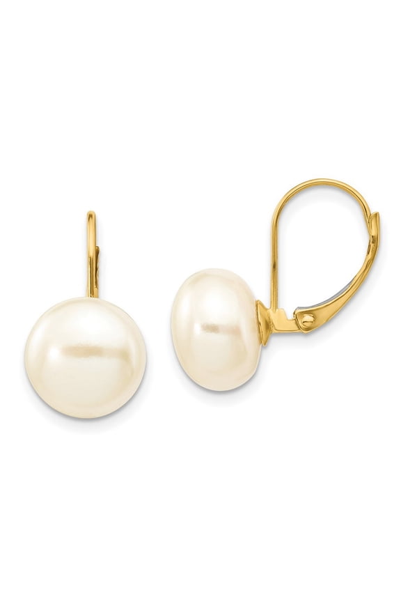 14K 10-11mm White Button Freshwater Cultured Pearl Leverback Earrings