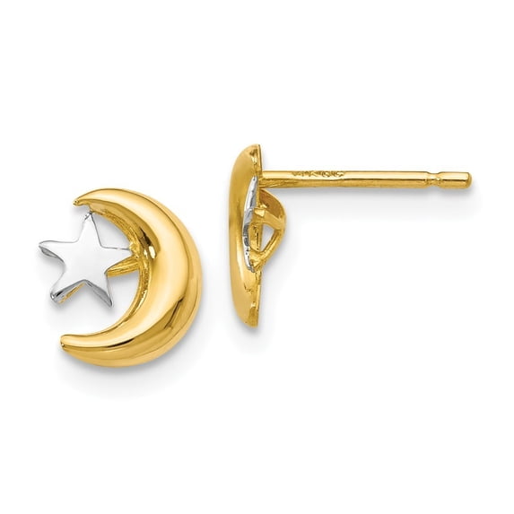 14k Yellow Gold Polished and Rhodium Moon and Star Post Earrings - Measures 10x8mm