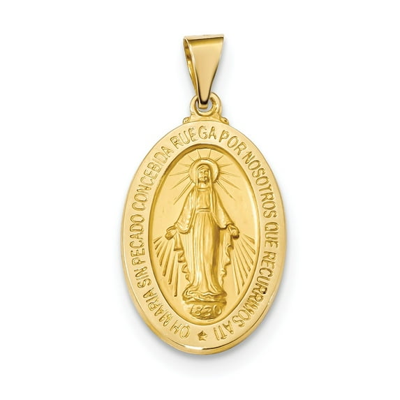 14k Yellow Gold Polished and Satin Hollow Spanish Miraculous Medal Pendant Charm