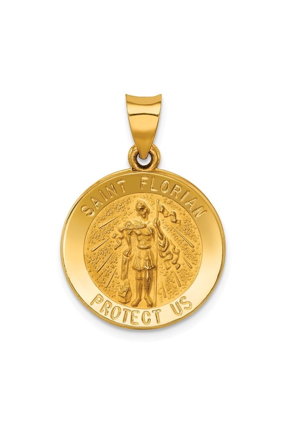 14k Yellow Gold Polished and Satin St. Florian Medal Pendant - 1.4 Grams - Measures 26.5x18.5mm Wide