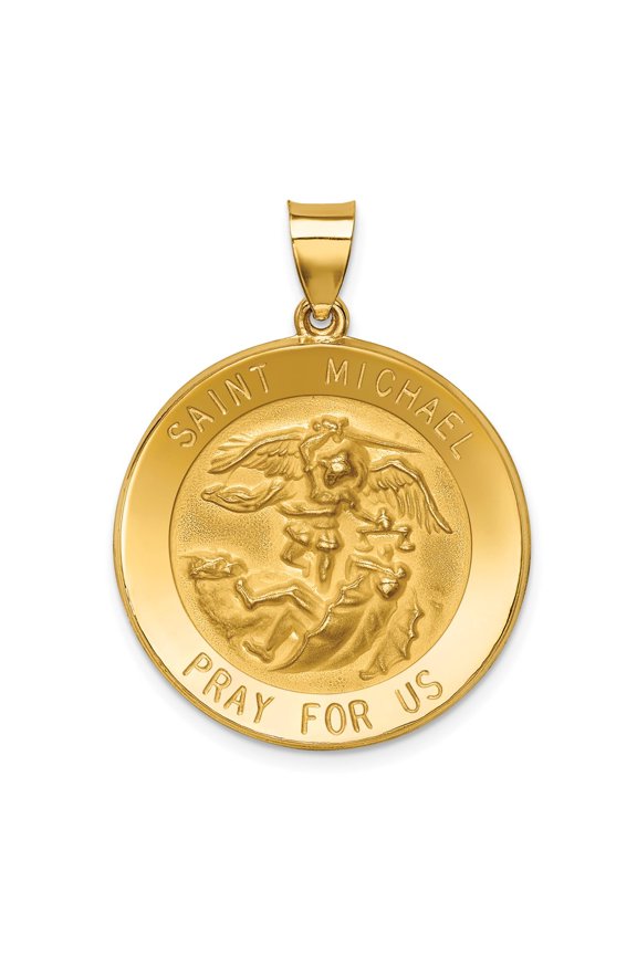 14k Yellow Gold Polished and Satin St Michael Medal Hollow Pendant Charm