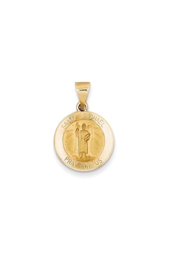 14k Yellow Gold Polished and Satin St. Raphael Medal Pendant - .9 Grams - Measures 18x16mm Wide