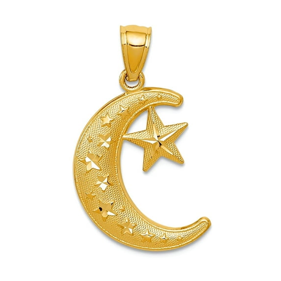 14k Yellow Gold Polished and Textured Celestial Moon And Stars Pendant Necklace 26.5x15.5mm Wide Pendant for Women