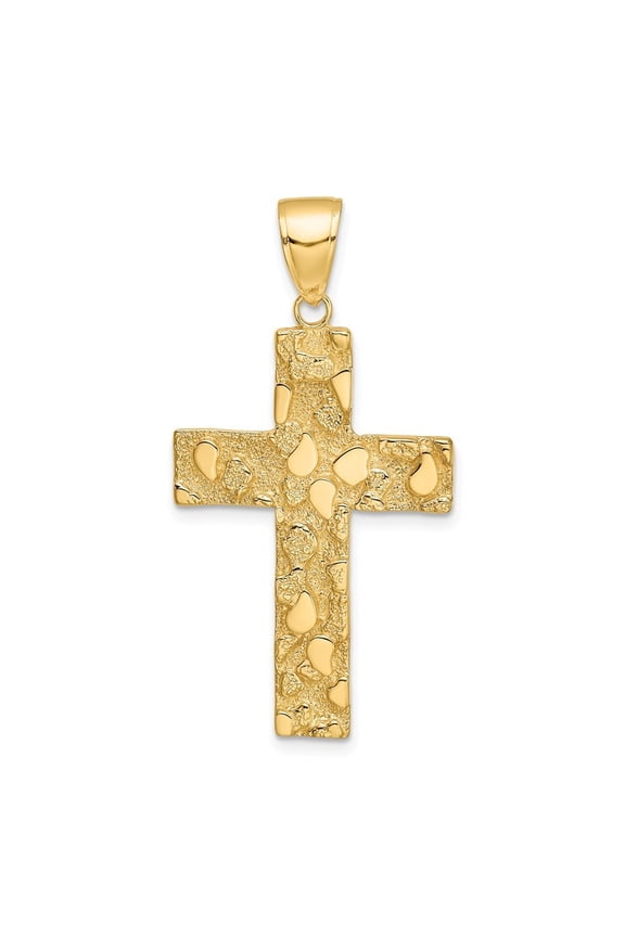 14k Yellow Gold Polished and Textured Nugget Block Style Cross Pendant - Measures 41.75x21.6mm Wide