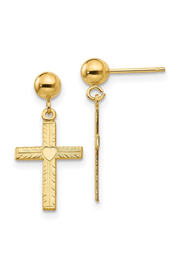 14k Yellow Gold Polished and satin Post Religious Faith Cross Love Heart Center Earrings Measures 20x10mm - Earring for