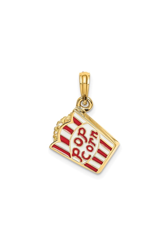 14k Yellow Gold Popcorn Bucket Pendant with Red and White Enamel, Movie Theater Charm for Women or Unisex, Fun Novelty Jewelry for Film Lovers and Cinema Style Enthusiasts