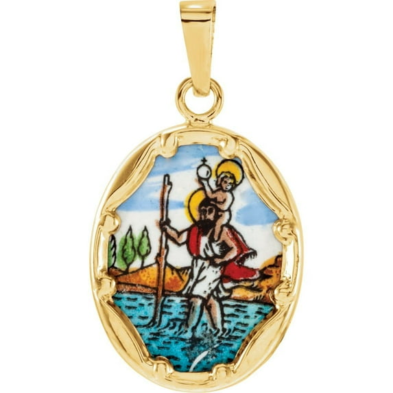 14k Yellow Gold Porcelain St. Christopher Pendant 17x13.5mm - .4 Grams