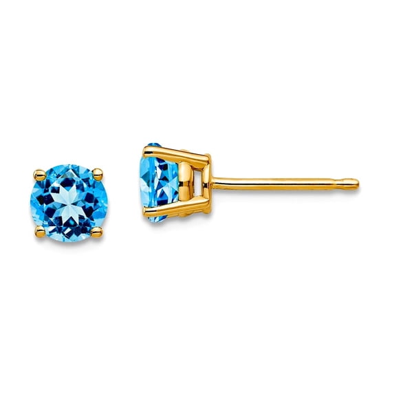 14k Yellow Gold Post 5mm Blue Topaz Earrings 5x5mm Wide Stud Earring for Women - 1.16 cwt