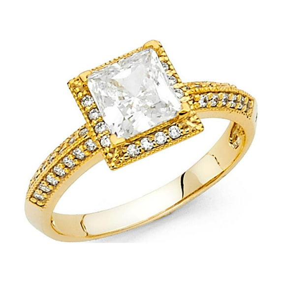 14k Yellow Gold Princess CZ Halo Engagement Ring Vintage Style Anniversary CZ Band Side Stones Size 5