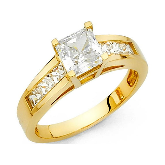 14k Yellow Gold Princess CZ Solitaire Engagement Ring Anniversary Square CZ Band Side Stones Size 6