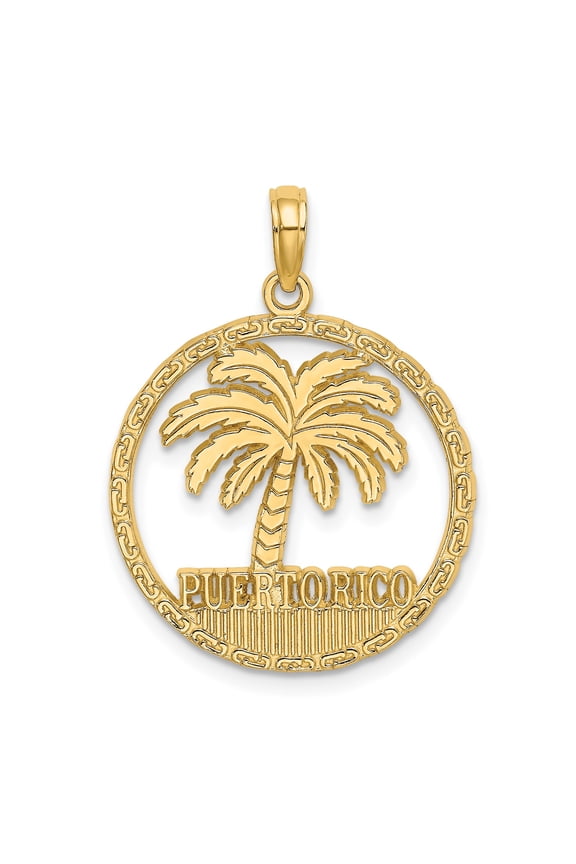 14k Yellow Gold Puerto Rico Pendant for Women and Men, Palm Tree Medallion with Circular Frame, Tropical Island Charm, Caribbean Jewelry, Travel-Inspired Cultural Necklace