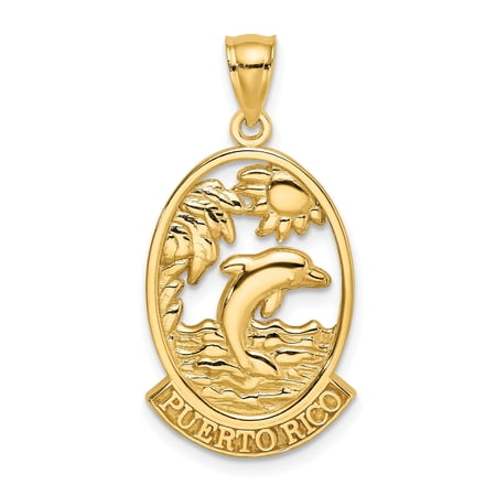 14k Yellow Gold Puerto Rico Pendant for Women or Unisex with Dolphin, Palm Tree, Sun, Tropical Island Jewelry, Caribbean Travel Souvenir, Beach Keepsake Necklace Charm