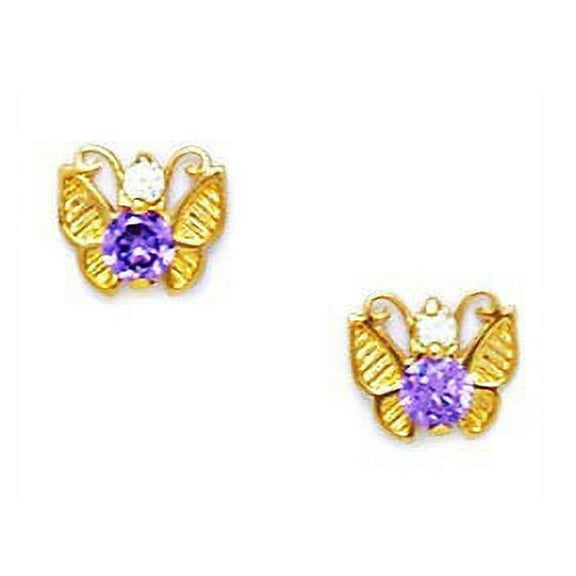 14k Yellow Gold Purple 3x3mm Cubic Zirconia Butterfly Screw-Back Earrings - Measures 6x7mm
