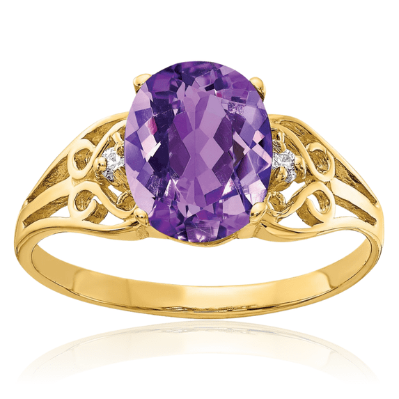14K Solid Yellow Gold Purple Amethyst Diamond Ring Gemstone Band February Birthstone Jewelry