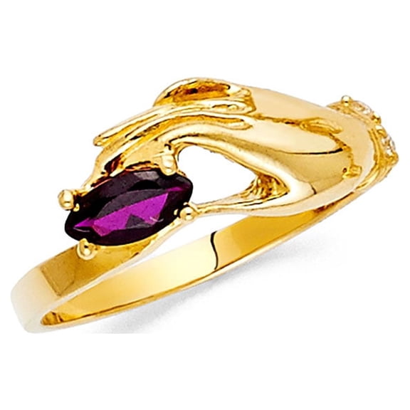 14k Yellow Gold Purple CZ Fashion Ring Holding Hand Band CZ Marquise Style Polished Fancy Size 7