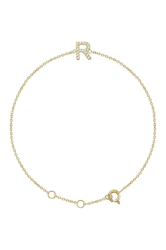 14k Yellow Gold R Polished .06 Dwt Diamond 6-7 Inch Letter Name Personalized Monogram Initial Bracelet Link Bracelet for
