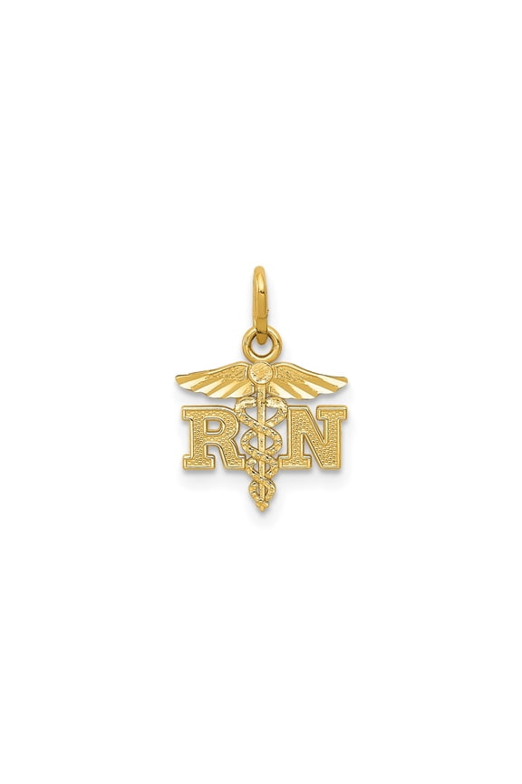 14k Yellow Gold RN Pendant with Caduceus Symbol for Women or Unisex, Medical Healing Charm for Nurses, Polished Nursing Jewelry for Healthcare Professionals