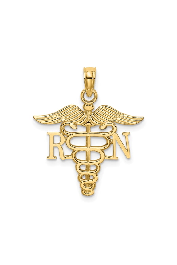 14k Yellow Gold RN Pendant with Caduceus Symbol for Women or Unisex, Medical Necklace for Registered Nurse, Nursing Career Charm, Solid Gold Healthcare Jewelry