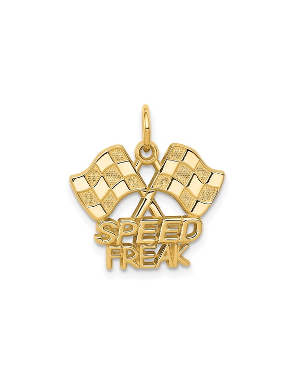 14k Yellow Gold Crossed Checkered Racing Flags Pendant with Speed Freak Engraving