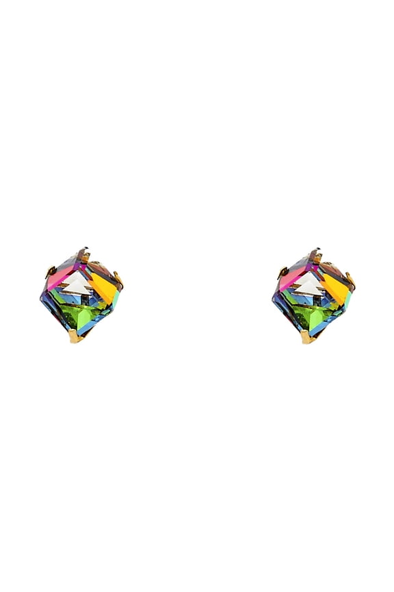 14k Yellow Gold Rainbow Cube Stud Square Elegant Earrings Jewelry Female Unisex