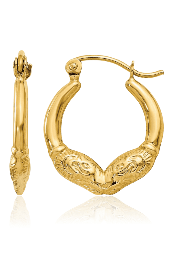 14K Solid Yellow Gold Ram Head Small Hoop Earrings