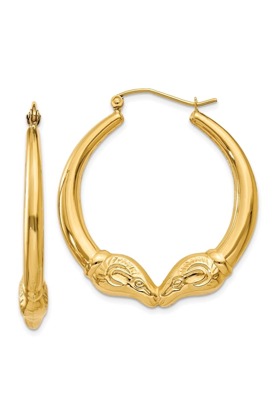 14k Yellow Gold Ram Head Hoop Earrings for Women, Bold Animal Motif Jewelry with Aries Symbolism, Statement Fashion Accessory Representing Strength and Leadership