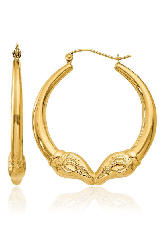 14K Solid Yellow Gold Large Ram Shrimp Hoop Earrings - 35.07mm 1-3/8 inch - Snap Back Women's