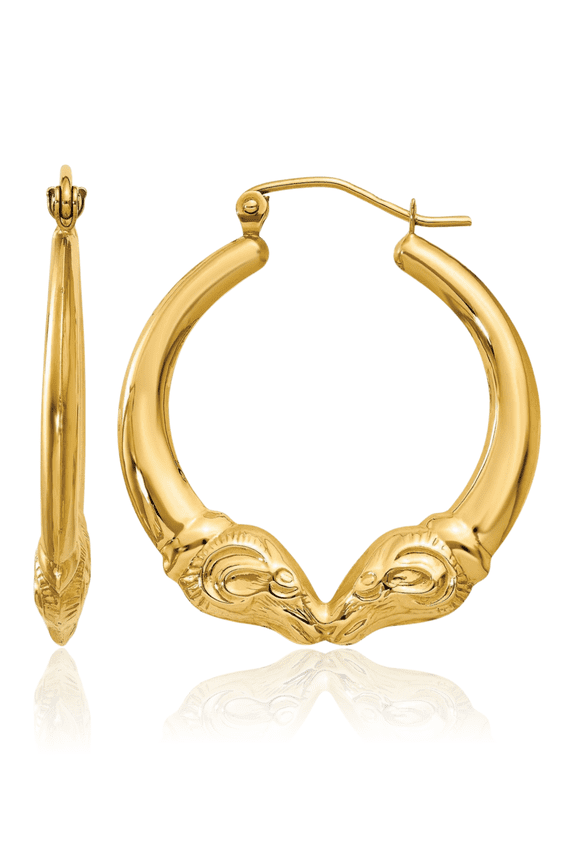 14K Solid Yellow Gold Ram Medium Hoop Earrings