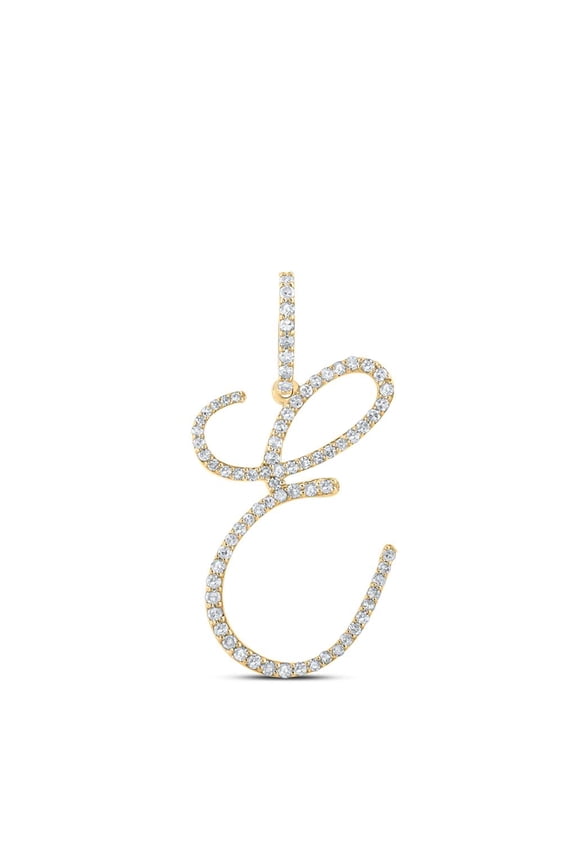14k Yellow Gold Real Diamond Fancy Cursive Script Font Initial E Pendant 1/2 CT