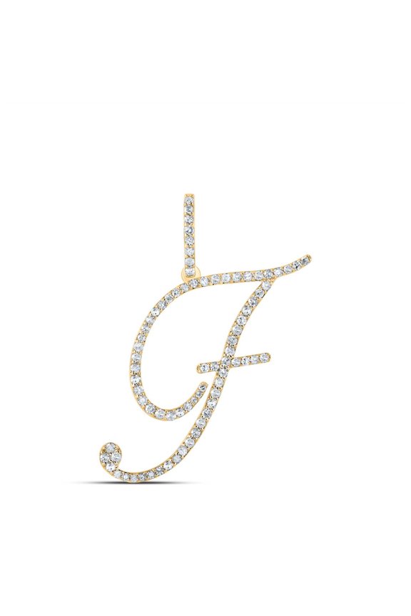 14k Yellow Gold Real Diamond Fancy Cursive Script Font Initial F Pendant 1/2 CT