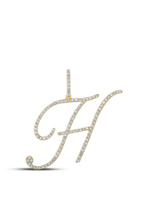 14k Yellow Gold Real Diamond Fancy Cursive Script Font Initial H Pendant 5/8 CT
