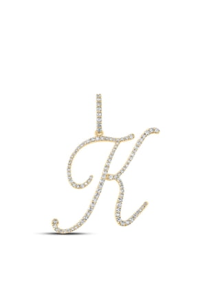 14k Yellow Gold Real Diamond Fancy Cursive Script Font Initial K Pendant 1/2 CT
