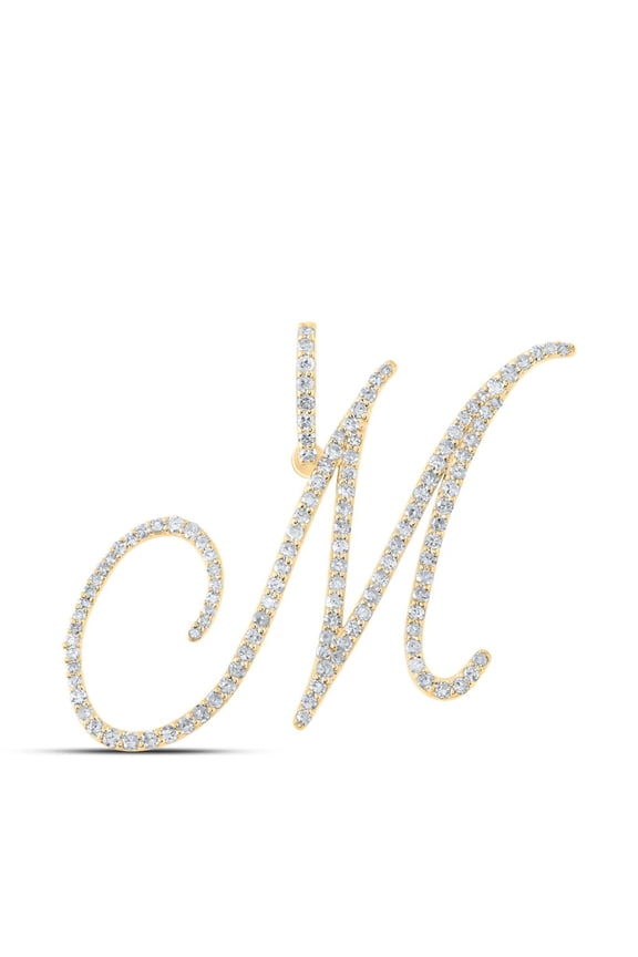 14k Yellow Gold Real Diamond Fancy Cursive Script Font Initial M Pendant 7/8 CT