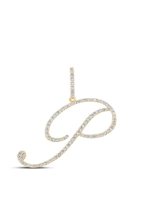 14k Yellow Gold Real Diamond Fancy Cursive Script Font Initial P Pendant 1/2 CT